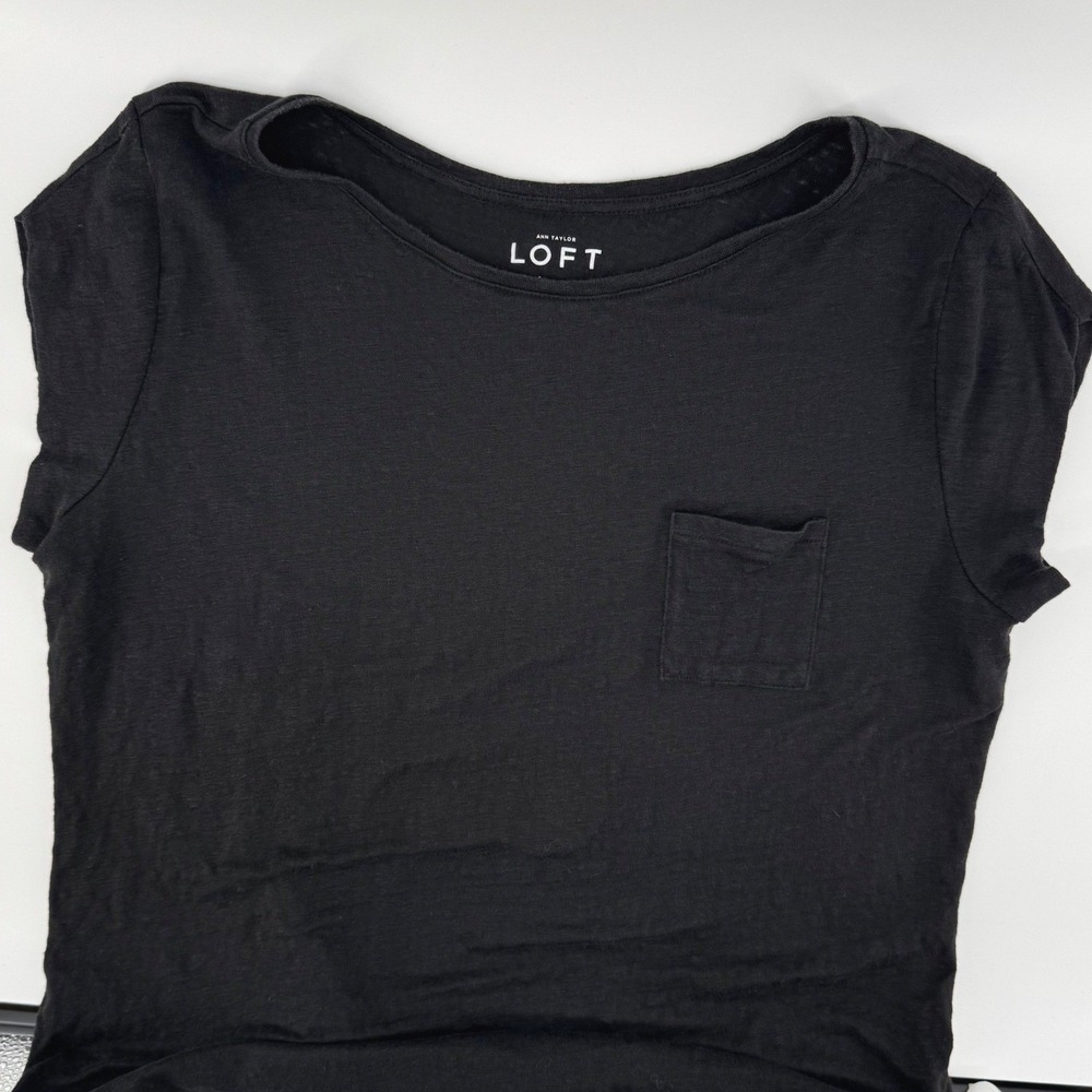 Ann Taylor LOFT Womens Sz Large Black 100% Linen Short Sleeve Pocket Tee Shirt